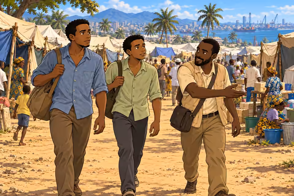 The aid worker leads the grown brothers through the camp.