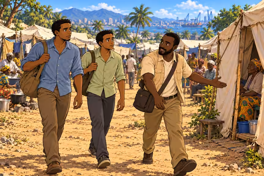 They approach the older refugees’ quarters.