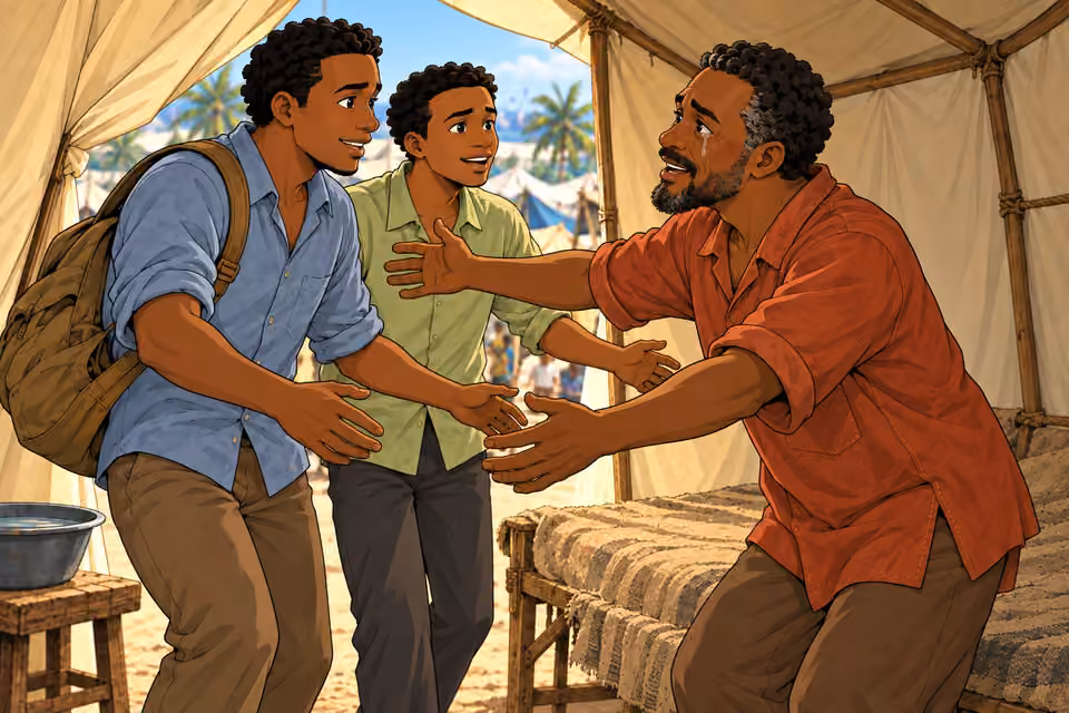 Uche rises to greet his sons.