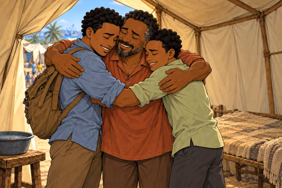 The three embrace after years apart.