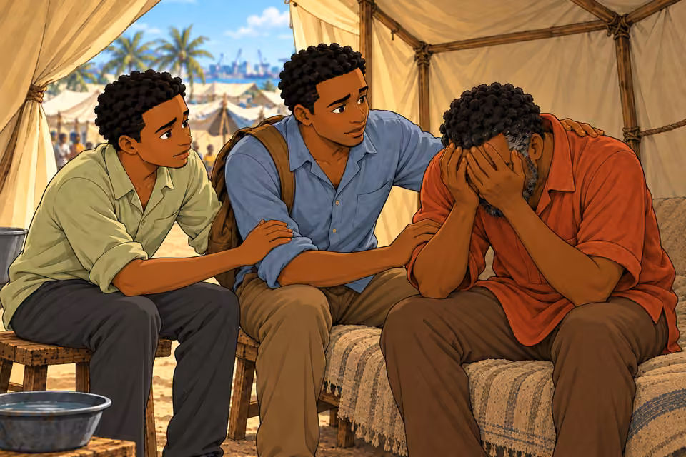 Uche is overcome by grief.