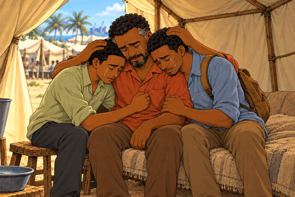 The sons hold their father as they mourn.