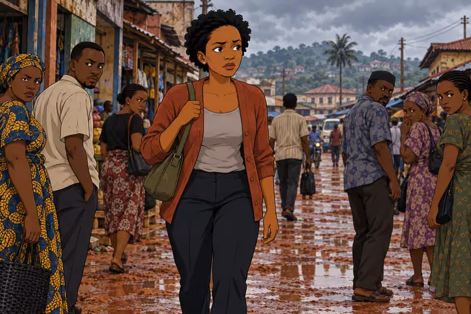 Adesuwa feels the town’s scrutiny as she walks its familiar street.