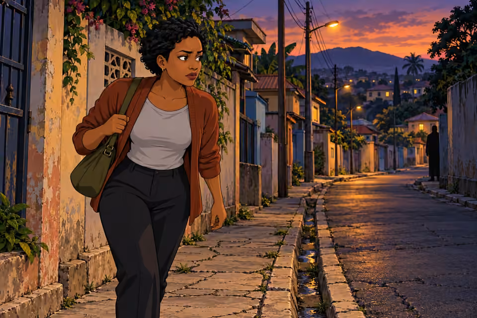 A shadowed figure watches Adesuwa from the end of the street.