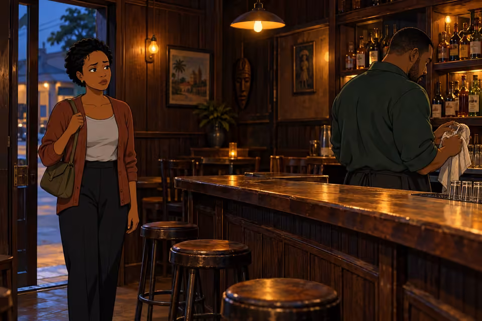 Adesuwa returns to Tayo's quiet wood-paneled bar.