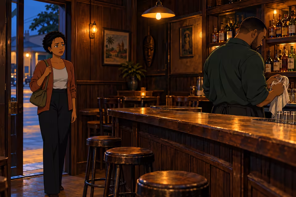 Adesuwa notices the strain in Tayo as he works behind the bar.
