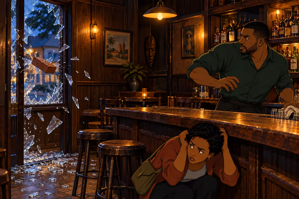 A brick smashes through the window, interrupting the conversation.