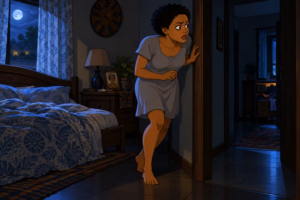 A noise inside the house draws Adesuwa from her bed.