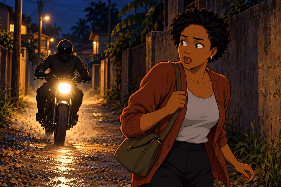 A masked motorcyclist speeds toward Adesuwa in the alley.
