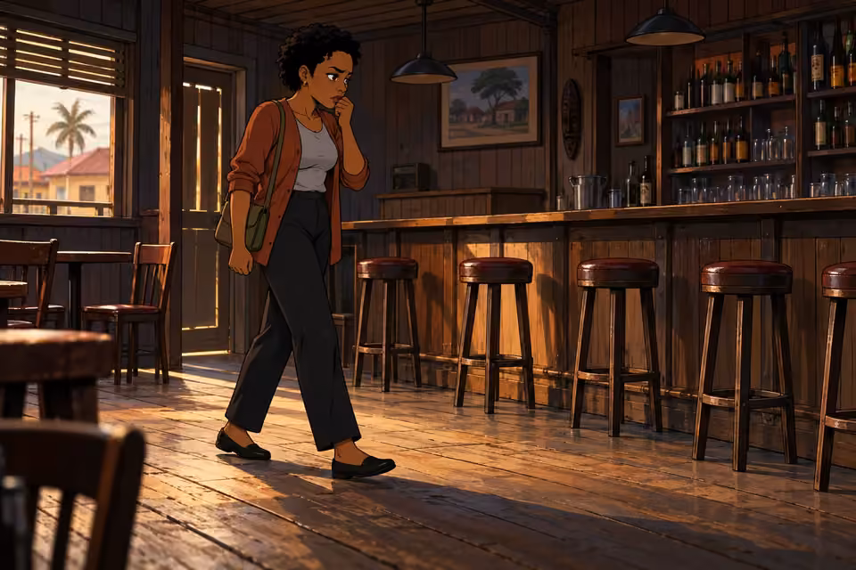 Adesuwa paces the empty bar while waiting for Tayo.