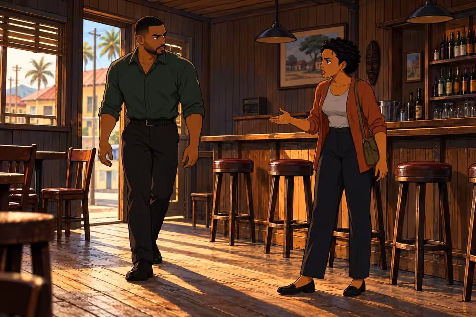 Tayo arrives to meet Adesuwa at the empty bar.