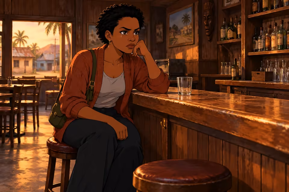 Adesuwa sits with grief and determination in Tayo's empty bar.
