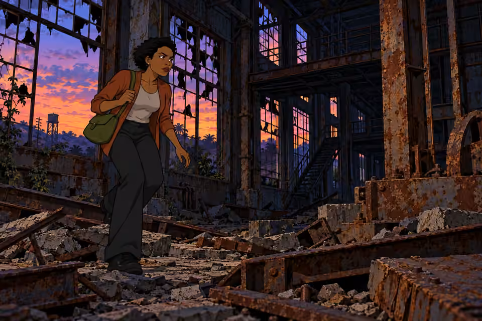 Adesuwa searches the abandoned factory for evidence.