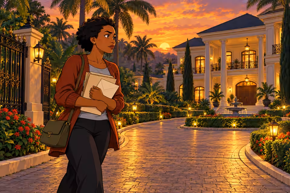 Adesuwa approaches the mansion after ensuring copies of the evidence are safe.