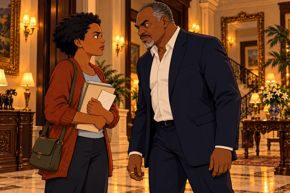 Ajibade’s polite mask falls as he threatens her.