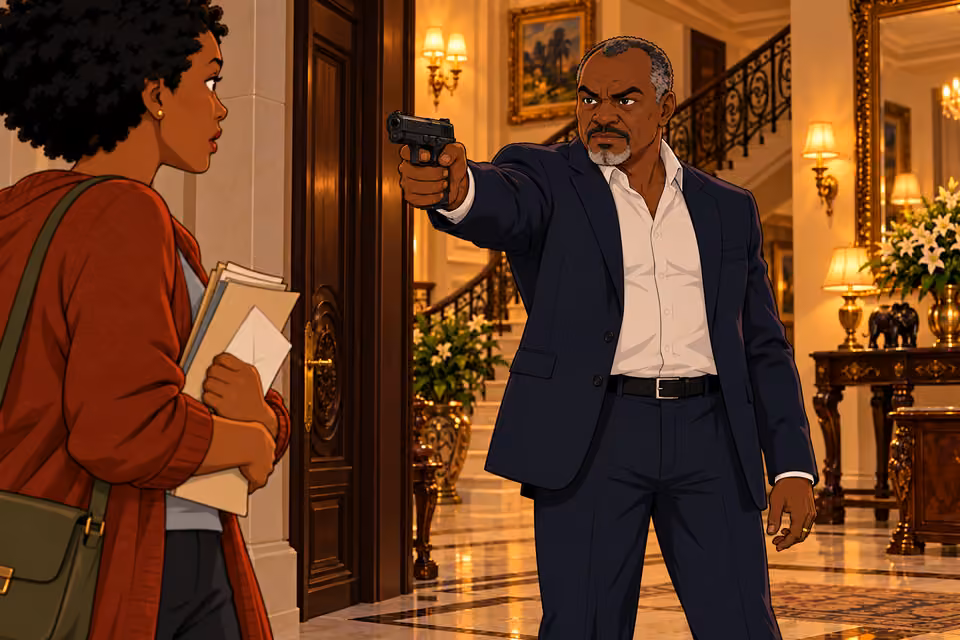 Ajibade draws a gun when Adesuwa refuses to leave.