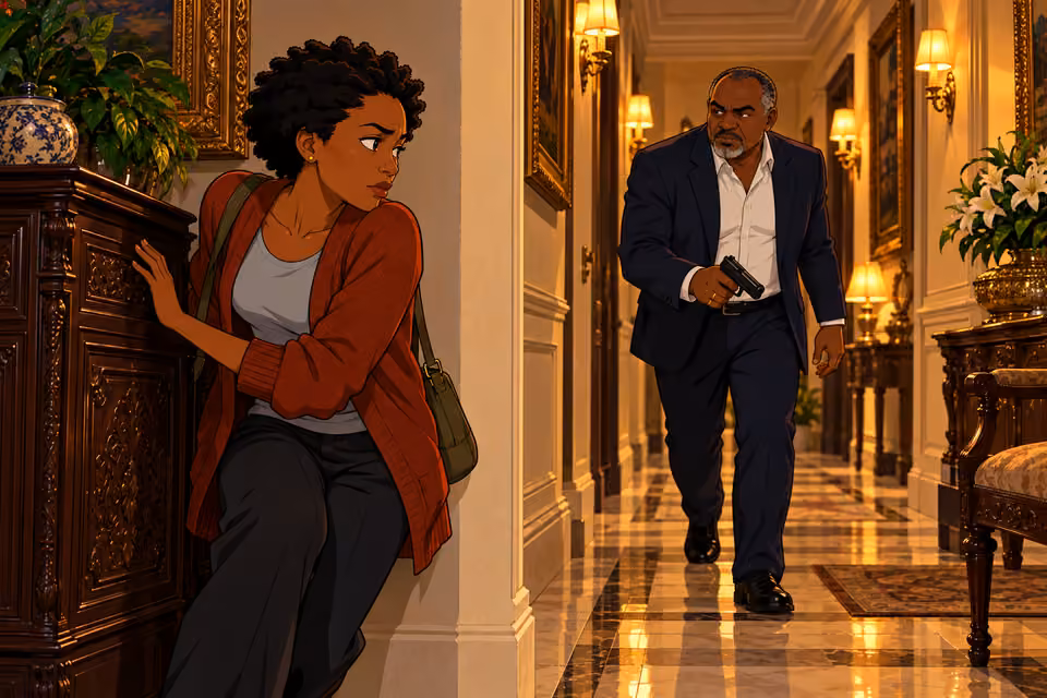 Adesuwa leads Ajibade toward a narrow corridor.