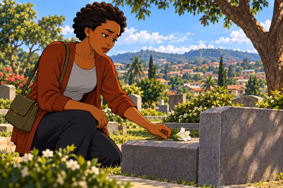 Adesuwa honors Tayo at his grave with a single flower.