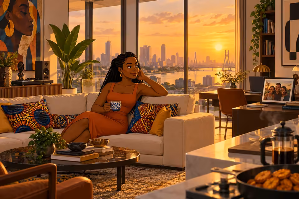 Cartoon illustration of Yewande sitting among Ankara cushions in her sunlit contemporary Lagos apartment.