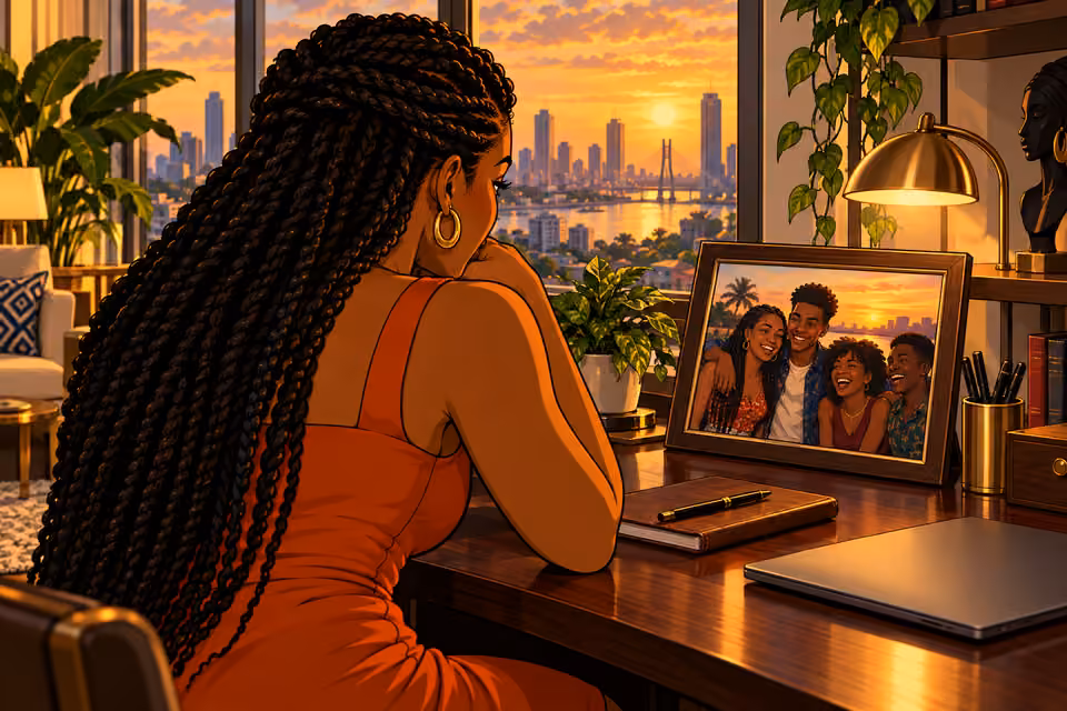 Yewande studies a photograph of herself and Ayodele as teenagers.