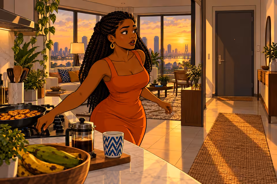 A knock interrupts Yewande as she turns off the stove.