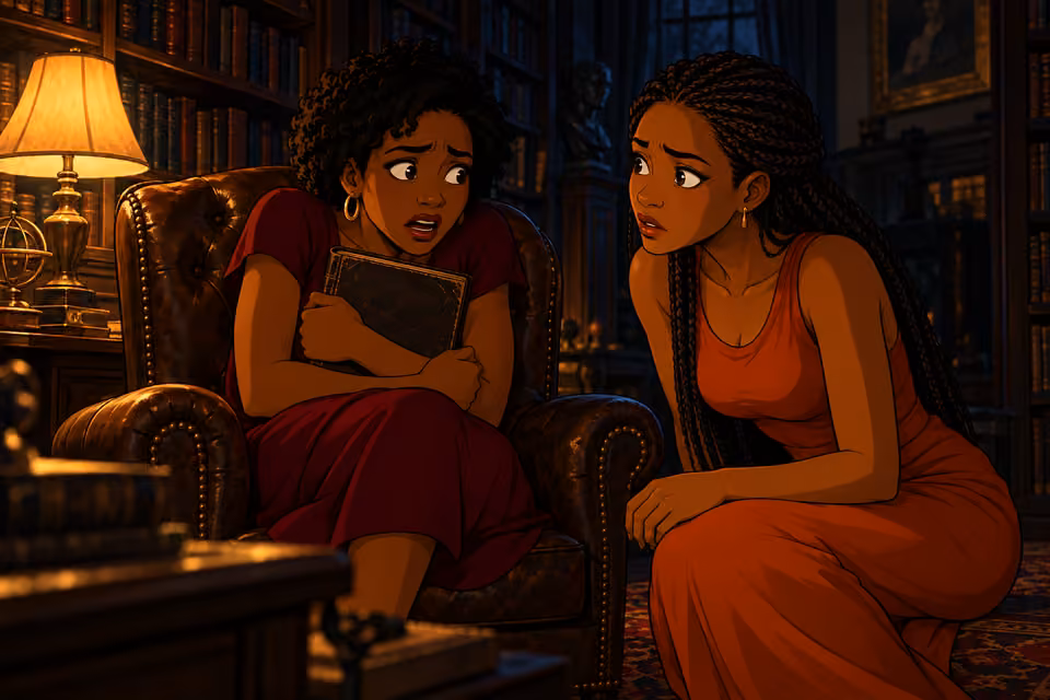 Imani clutches a folklore book in the dim mansion library.