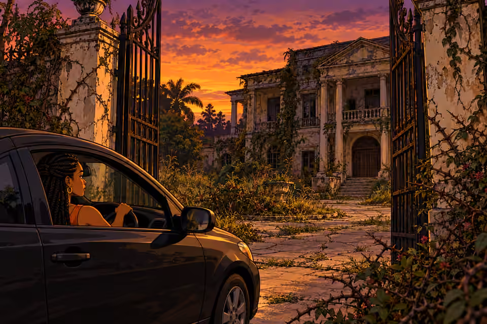 Yewande drives through the overgrown gates of Briarwood Estate.