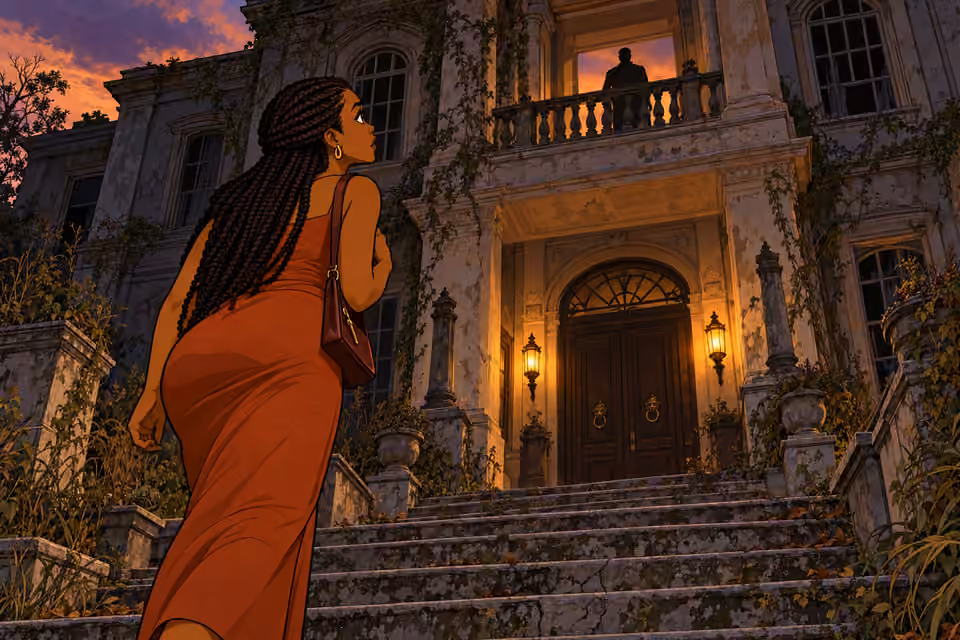 A silhouette appears above Yewande on the mansion balcony.