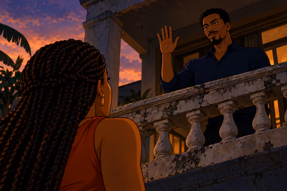 Ayodele greets Yewande from the balcony, his face scarred.
