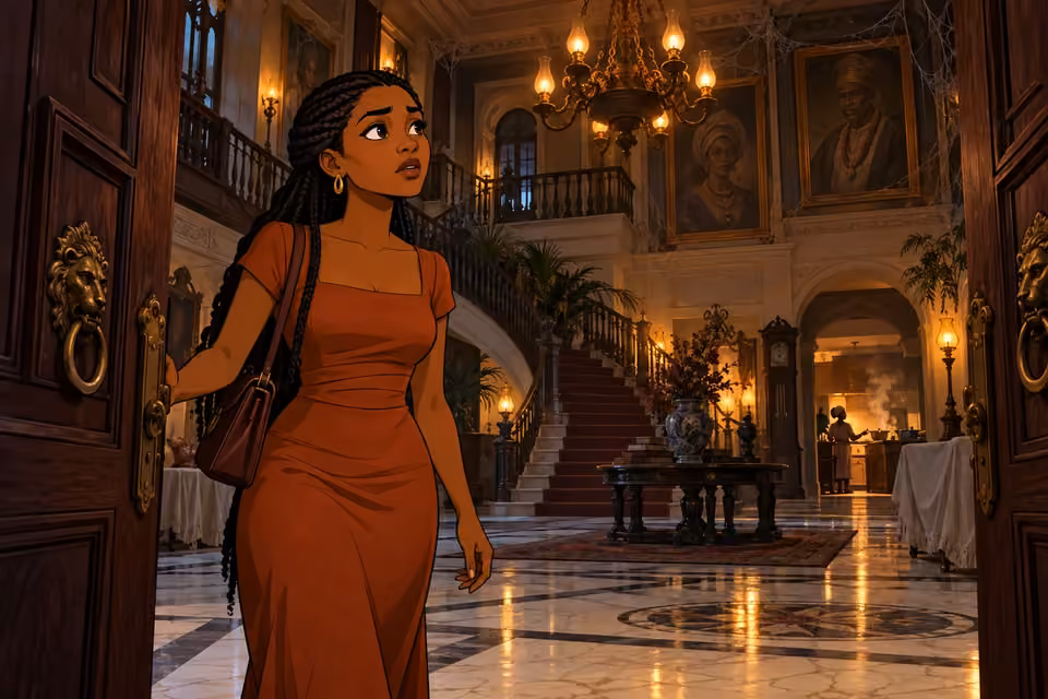 Cartoon illustration of Yewande stepping through heavy oak doors into a dim mansion foyer with marble floors and ancestral portraits.
