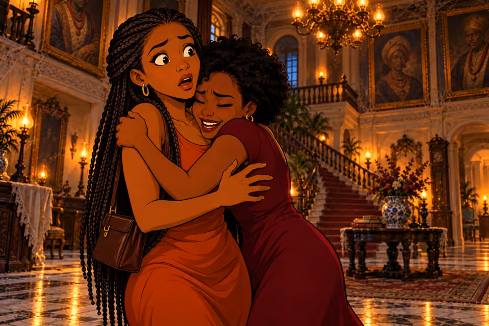 In the amber oil-lit grand foyer, Imani rushes forward and engulfs startled Yewande in a desperate, overly tight hug. Dynamic medium two-shot, Imani gripping both shoulders and Yewande stiff with surprise. Only these two women.