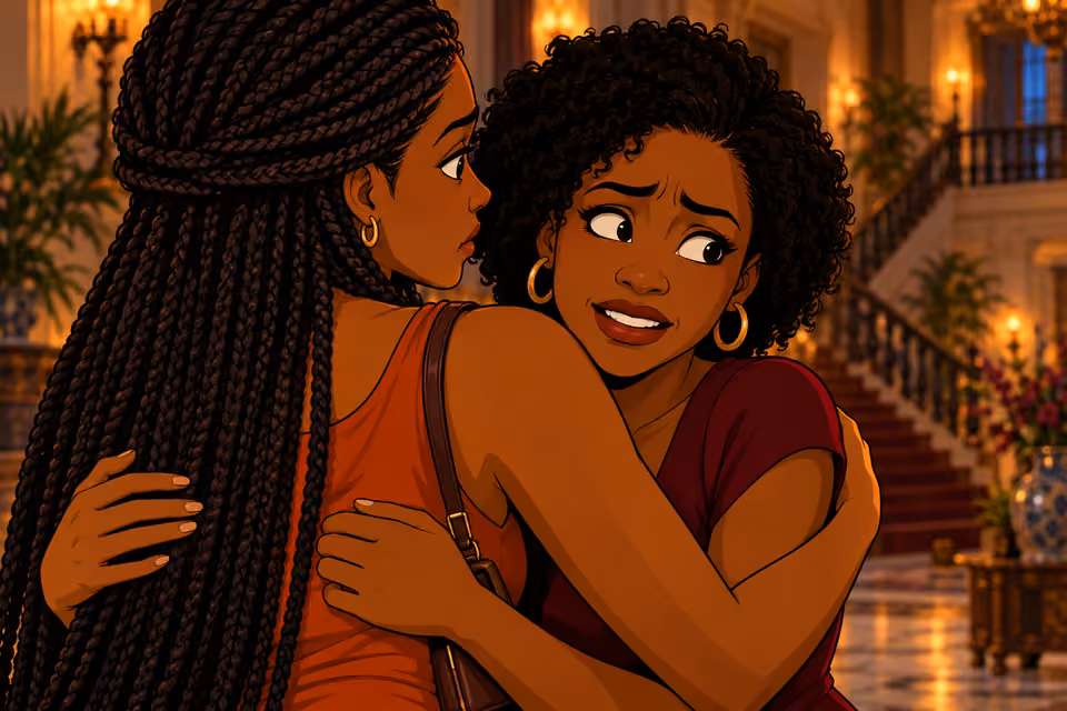 Tight over Yewande’s shoulder, the two women still embracing in the foyer. Focus Imani’s nervous darting eyes and brittle forced smile as Yewande studies her friend with concern. Their hands anatomically clear. Only two women.