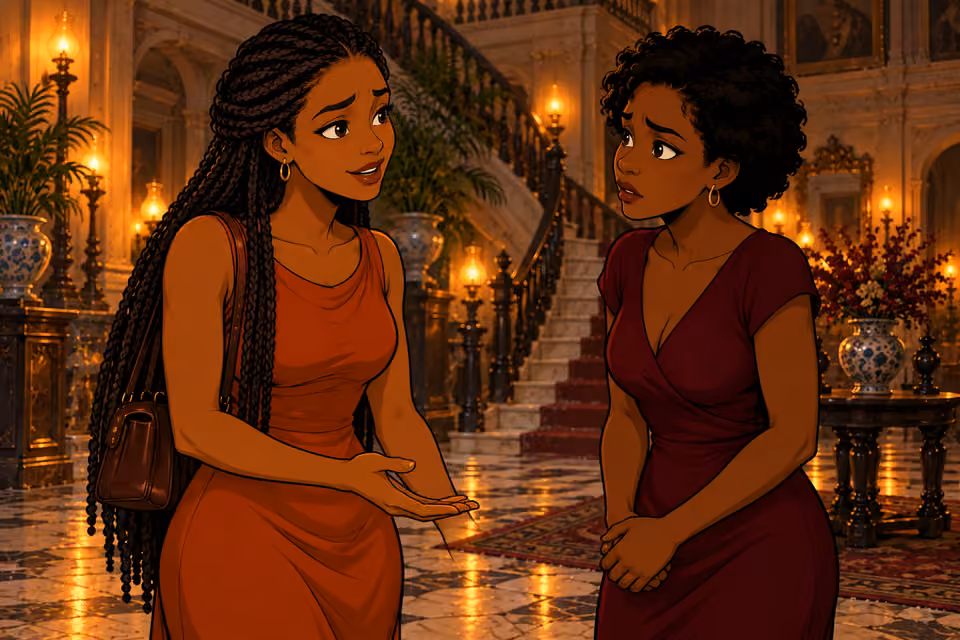 Yewande gives a soft reassuring reply, one open hand low between them; Imani listens with apprehension. Warm lamps and worn marble behind. Only two women.