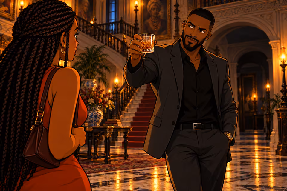 From the shadowed archway of the foyer Chike steps into warm light and raises a low whiskey tumbler in a sarcastic mock toast toward Yewande. Chike is dominant foreground, Yewande profile at edge. His smile is calculating; no other person.