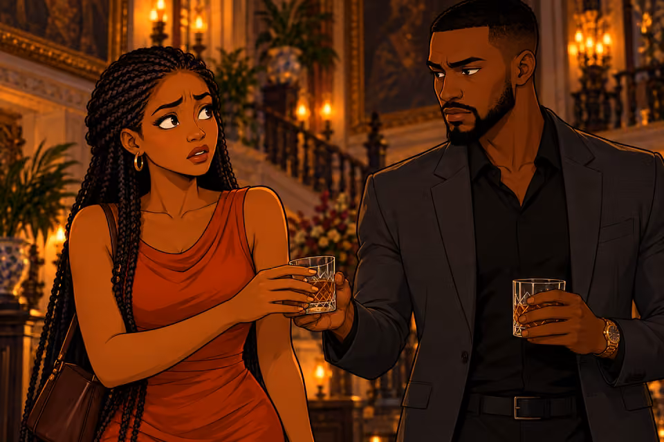 Yewande accepts a second tumbler offered by Chike. Their fingertips briefly brush around the glass, her worried eyes study his cold expression. He retains his own glass in the other hand. Two adults, ordinary natural hands, no ice or supernatural effects.