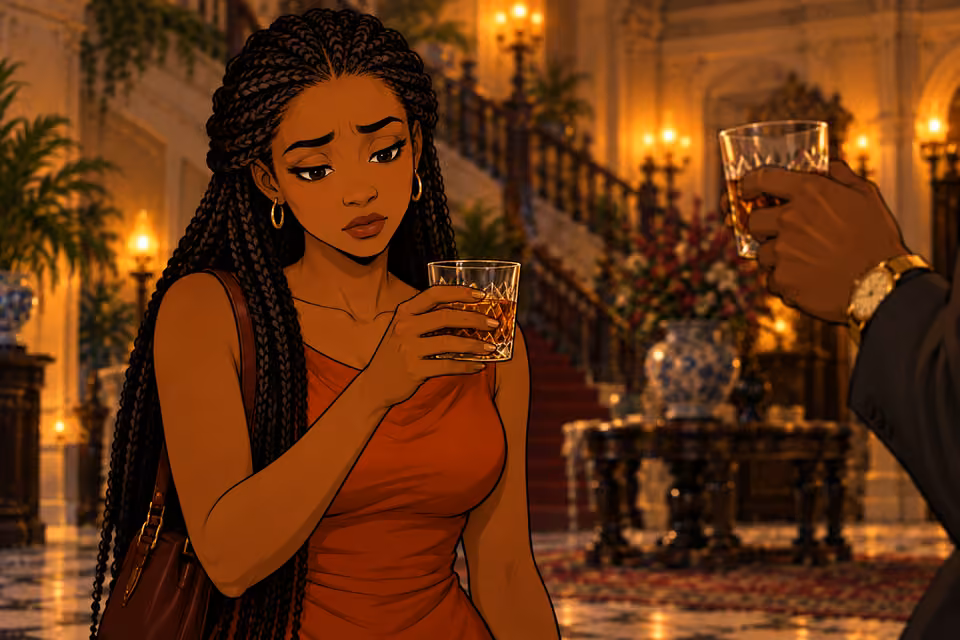 Tight portrait of Yewande in the foyer reluctantly lifting her whiskey glass in a muted response, eyes downcast, lips barely parted, rust sleeveless dress and long braids distinct. Chike’s raised glass only at frame edge, no other face.