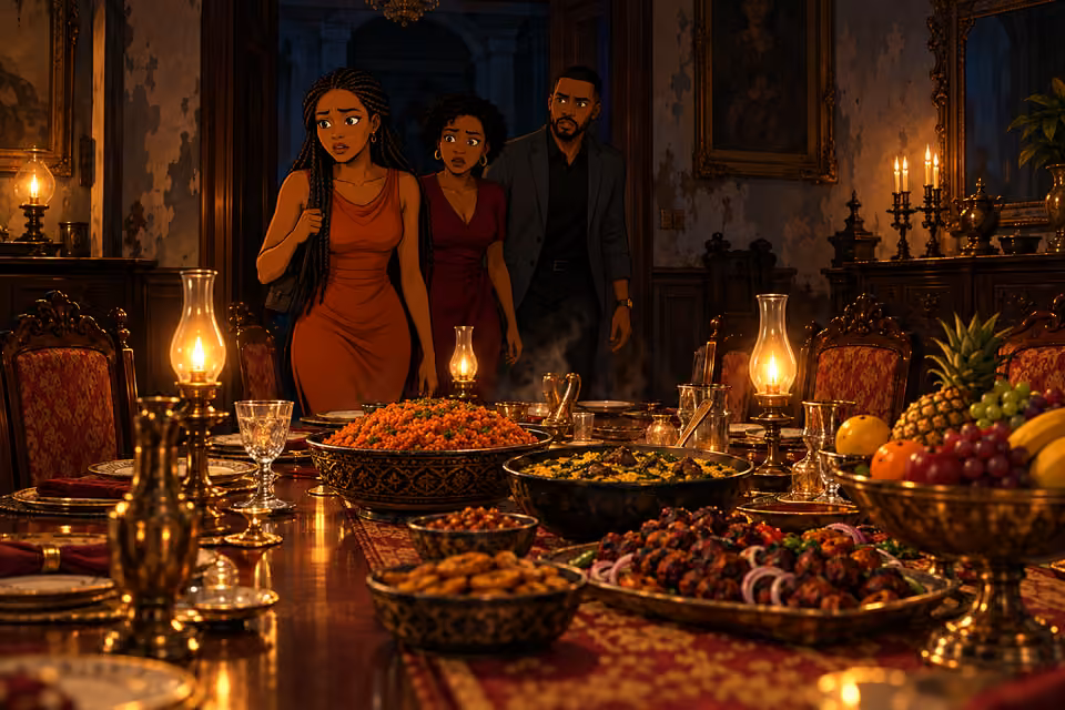 Yewande, Imani and Chike enter the oppressive neglected dining room together in silence. Large mahogany table bears bowls of jollof rice, egusi stew, suya and colorful fruit. Amber oil lamps cast normal elongated shadows; no monsters. Three figures only.