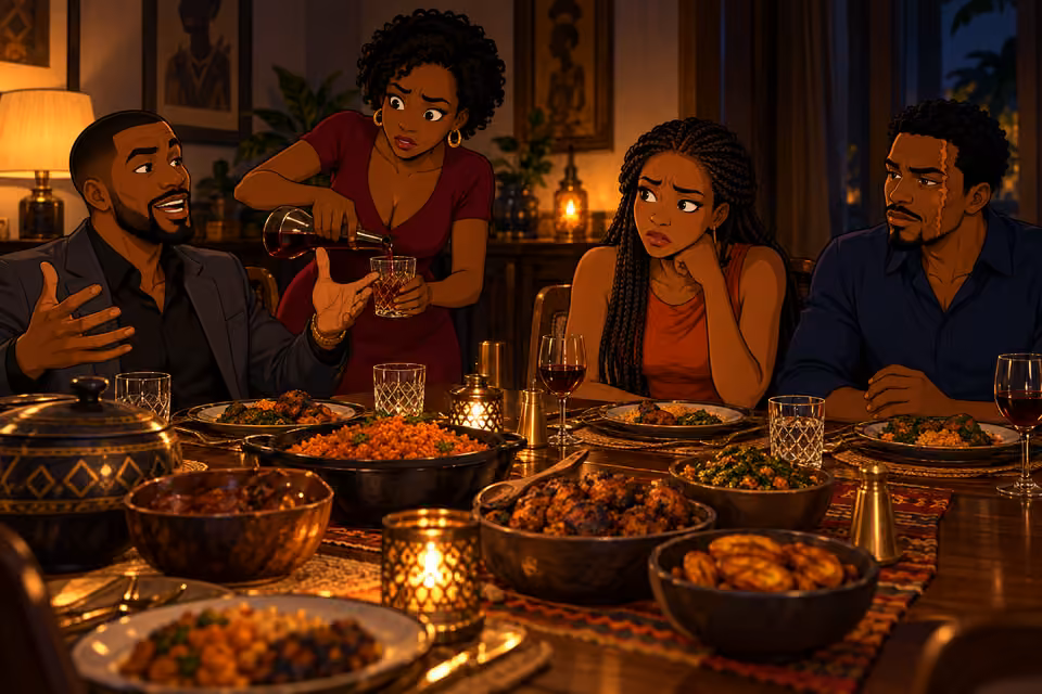Across the mahogany table, boastful Chike gestures broadly while seated; Imani stands refilling his tumbler with tense manic concentration. Yewande sits opposite, visibly uncomfortable, with quiet Ayodele beside her. Four adults total, table’s Nigerian feast prominent.