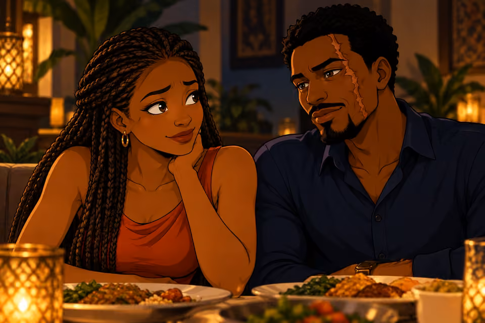 scarred Ayodele beside Yewande looks at her with genuine sadness and gratitude; she turns toward him with small relief. Foreground edge of food plate, soft oil light. Only these two appear, no physical anchor or storm.