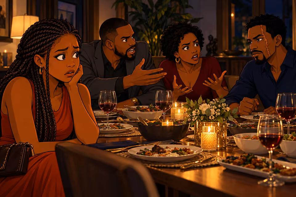 Chike leans forward arguing angrily, Imani gestures defensively, Ayodele looks tense with healed scar, while Yewande sits stunned and silent in foreground. Four adults at table, dishes partly eaten. Conflict through faces and gestures, no physical violence.