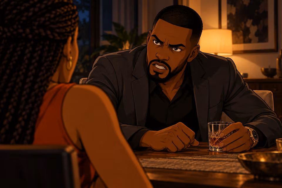 Low close view of Chike snarling across the dining table, eyes narrowed and one hand tense beside a whiskey tumbler. His charcoal jacket and gold wristwatch clear. Out-of-focus shoulder of Yewande foreground; no other people. Literal threatening conversation, no debt sy