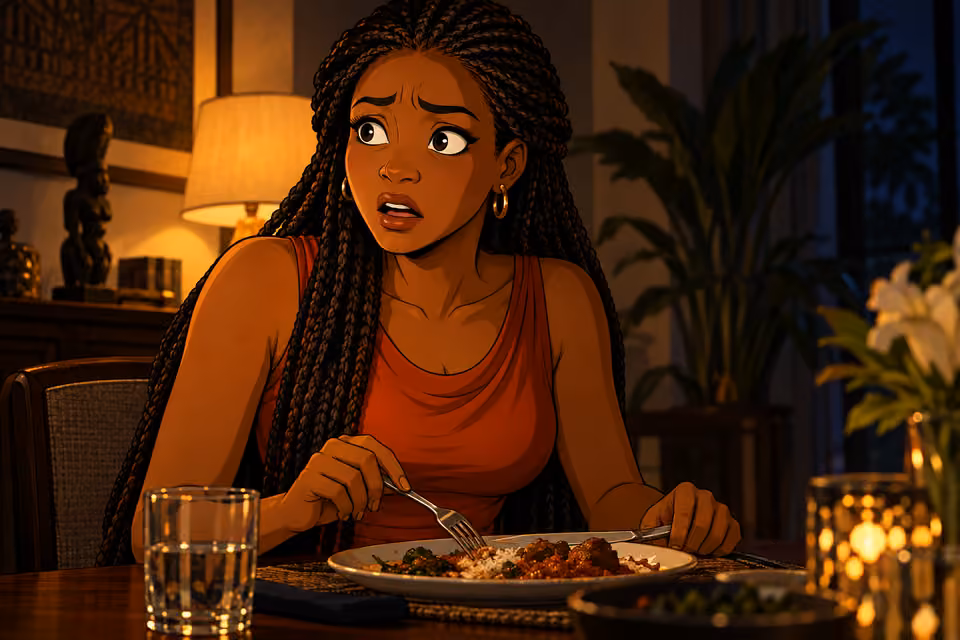 Close reaction portrait of Yewande frozen at dinner, fingers hovering over cutlery, brows raised in fear and confusion. Mahogany table and partly eaten stew softly visible. Only Yewande, lamp-lit nighttime, no metaphorical cold or ice.