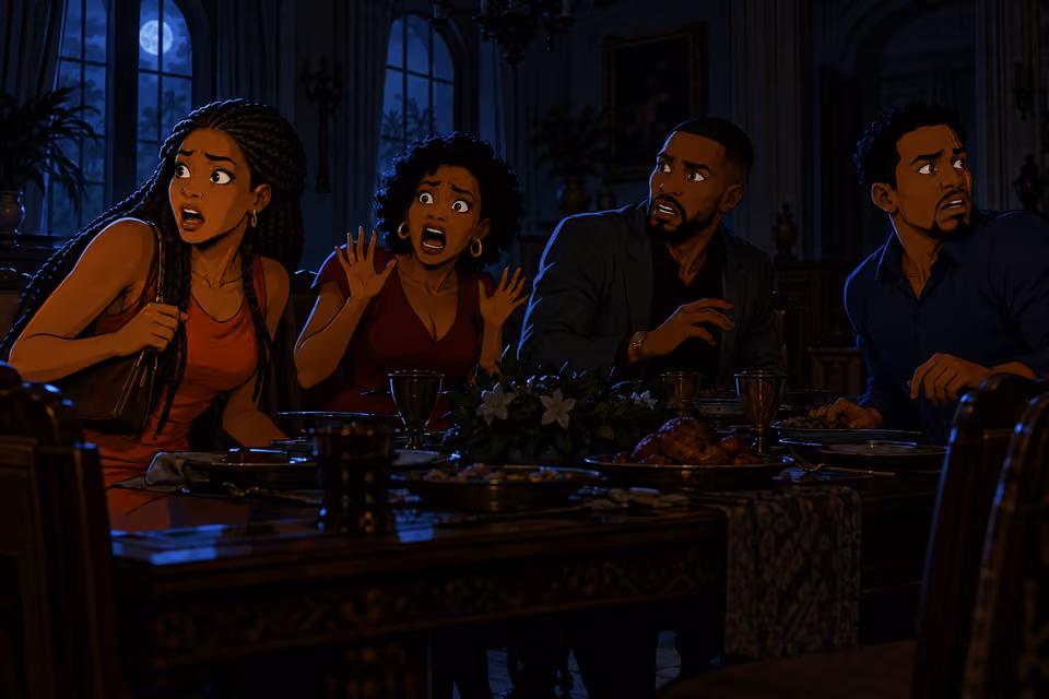 At the exact blackout at dinner, Imani recoils with a terrified scream, hands raised near shoulders, no text. Yewande, Chike and scarred Ayodele turn in startled silhouettes around the mahogany table. All oil lamps now extinguished; faint blue moonlight outlines four ad