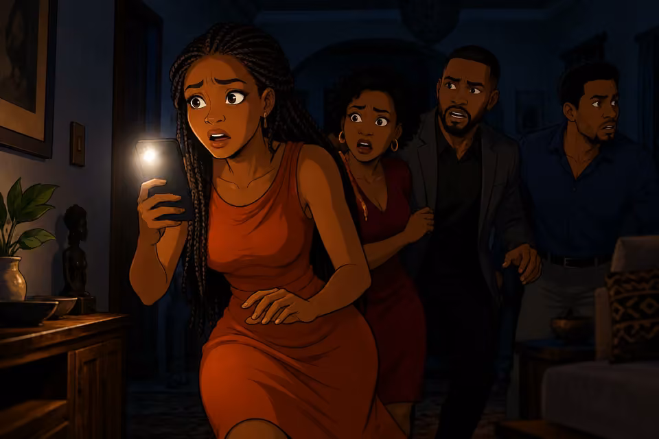 Cartoon illustration of Yewande lighting a dark corridor with her phone as her startled friends cluster behind her.