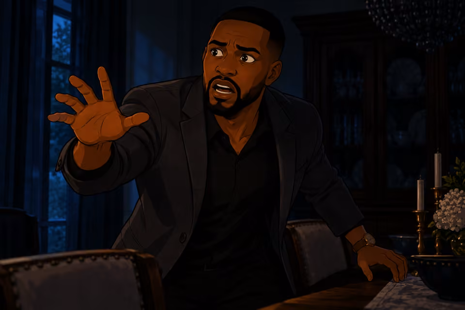 medium close Chike calling out in panic into darkness, one hand raised and face losing its composure. Charcoal jacket, trimmed beard and gold watch; faint cool moonlight and spill from Yewande’s offscreen phone. Only Chike shown, no text.