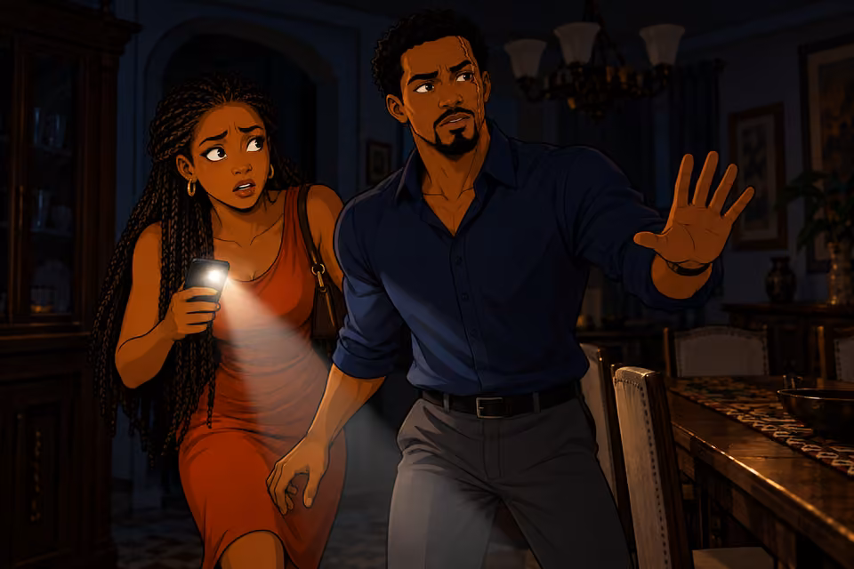 scarred Ayodele raises a calming hand to urge everyone to stay together, tense yet steady expression. Yewande at edge holds phone flashlight downward, cool beam lights his navy shirt and healed left-cheek scar. Two adults shown, no generator visualized.