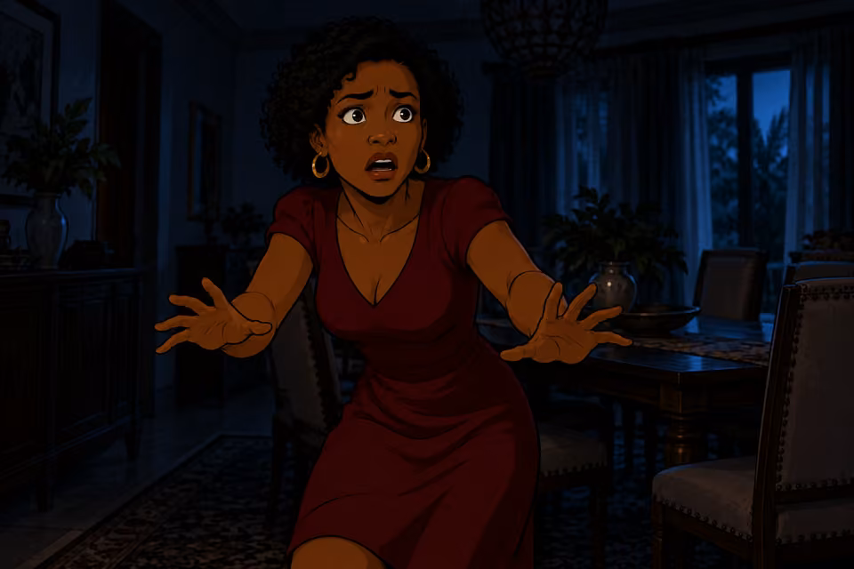 Isolated Imani whimpers in the near-dark dining room, short curls and burgundy dress, hands reaching uncertainly in front of her. Dim blue moonlight gives silhouette and fearful eyes enough visibility. Alone within frame, no ghosts, no text.