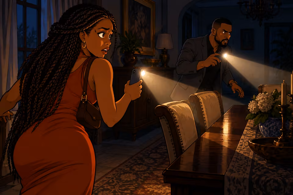 Yewande sweeps her phone flashlight across the dining room; a second beam from Chike’s phone crosses it as he searches with clenched jaw. Low angle behind Yewande’s shoulder emphasizes beams crossing normal furniture and his tense face. Two adults only; Imani absent.