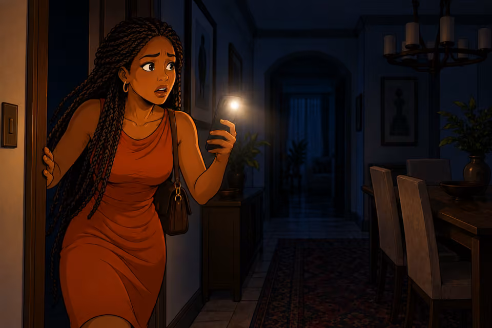 Yewande calls for Imani from the dark dining-room doorway, phone flashlight held chest high into an empty corridor. Medium three-quarter profile, long braids and rust sleeveless dress; anxious open mouth with no written dialogue. Only Yewande.