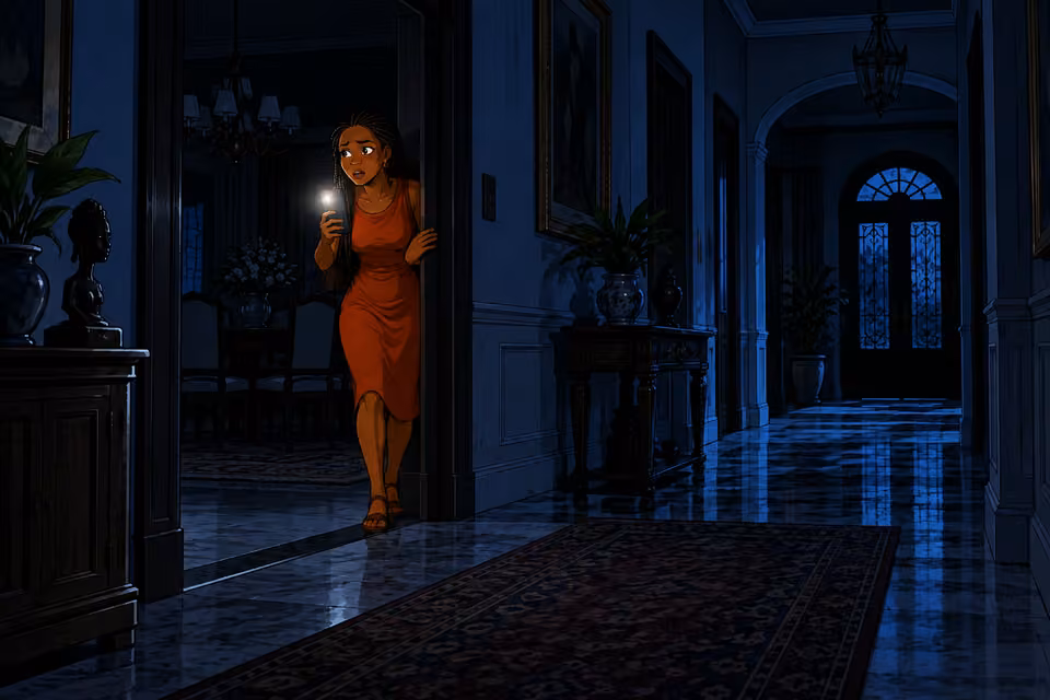 Wide quiet view from inside the dark mansion corridor back toward Yewande, small in dining doorway, listening intently with her phone held still. Empty floor and deep shadow fill most of composition, nothing answers. Only one woman, no physical silence effects.